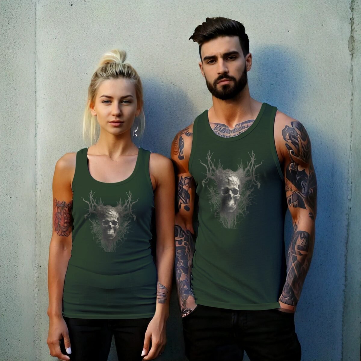 skull embraced branches pagan skeleton art tank design, variation 6