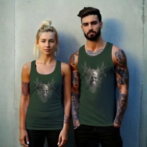 skull embraced branches pagan skeleton art tank design, variation 6