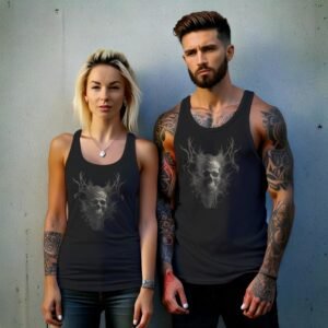 skull embraced branches pagan skeleton art tank design, variation 9