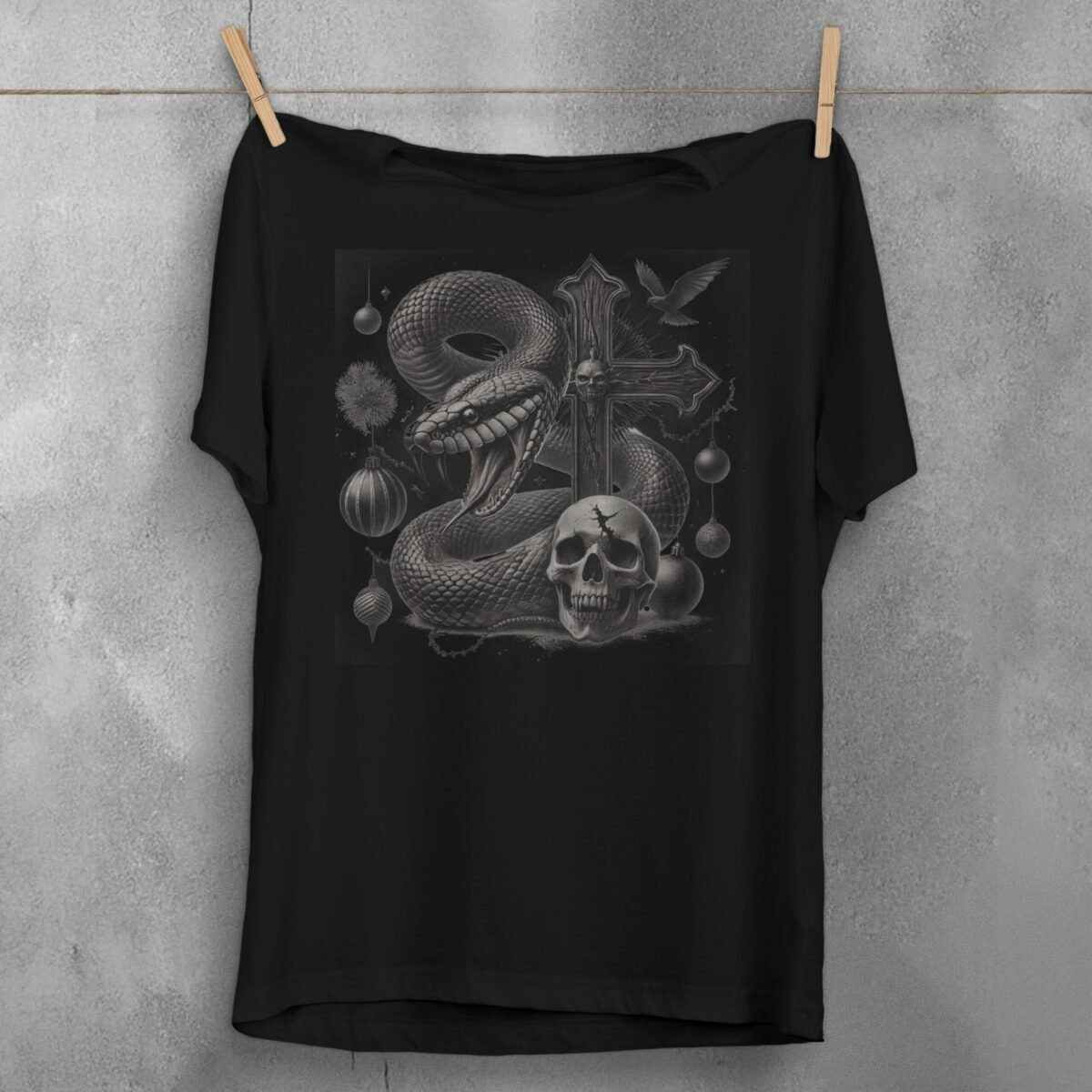 Snake cross skull raven gothic dark art printed t-shirt - 1