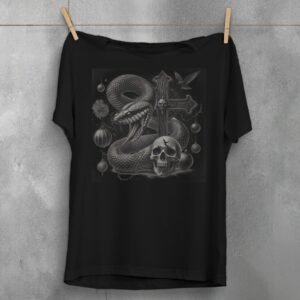 Snake cross skull raven gothic dark art printed t-shirt - 1