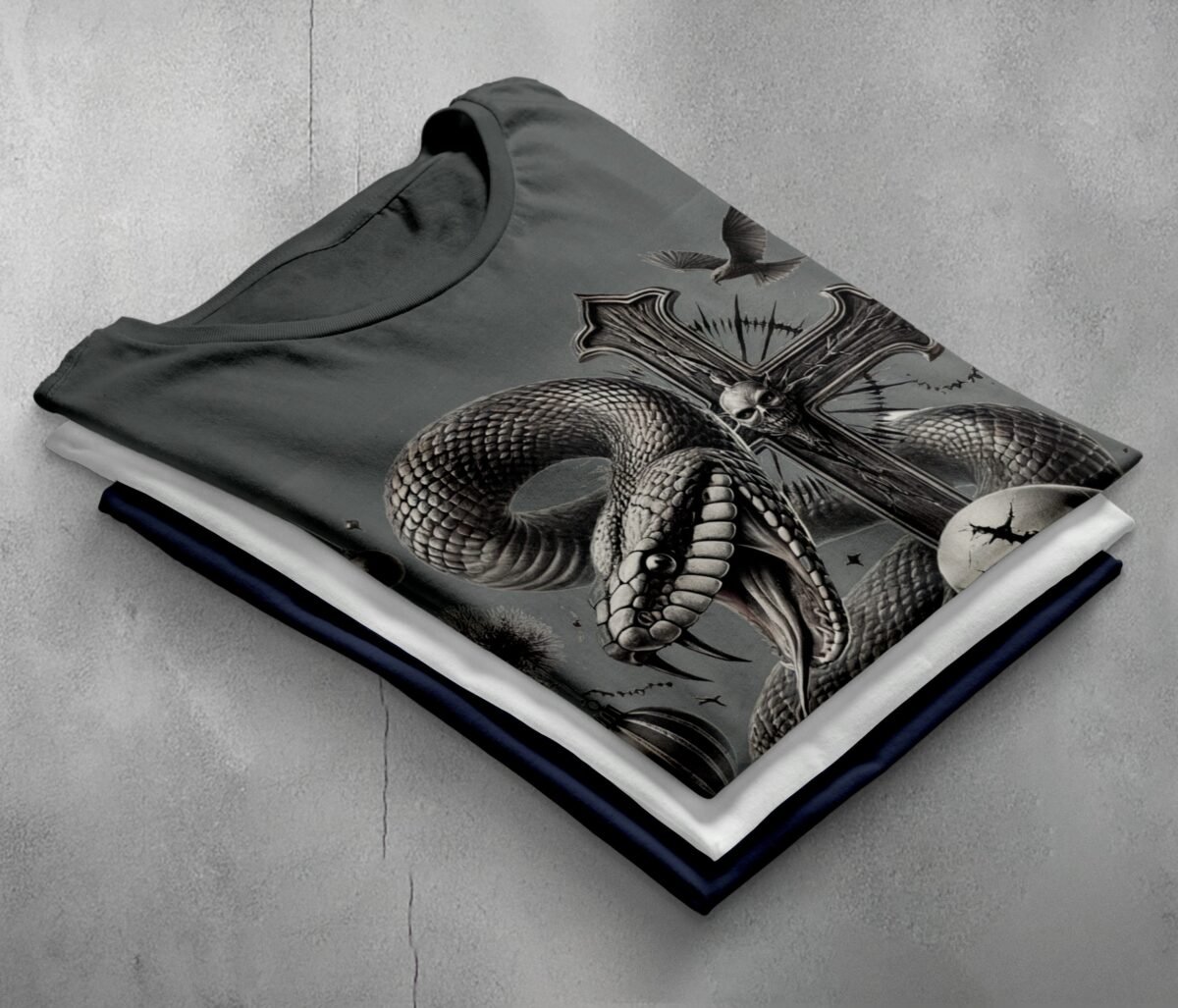 Snake cross skull raven gothic dark art printed t-shirt - 2