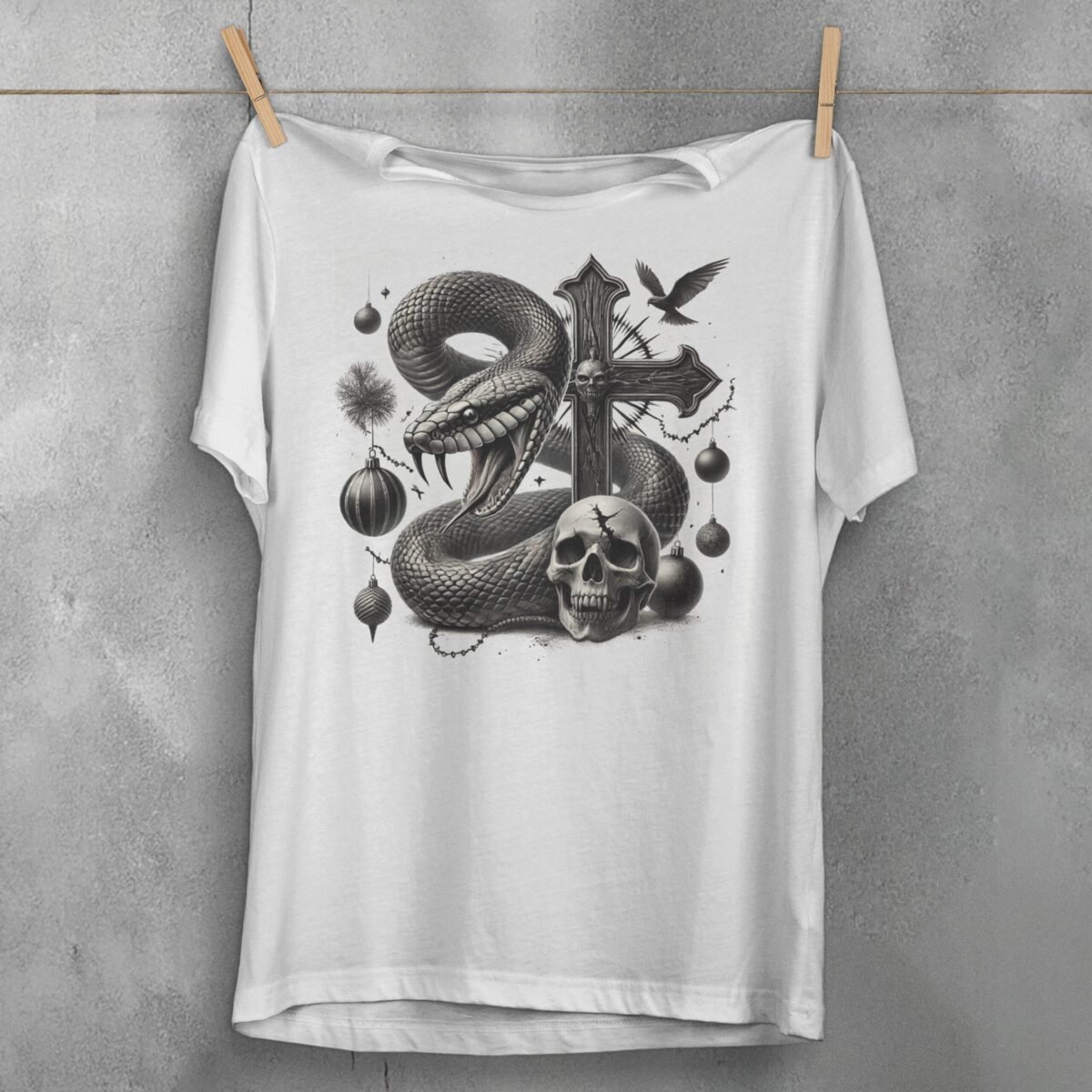 Snake cross skull raven gothic dark art printed t-shirt - 3