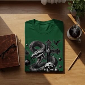 Snake cross skull raven gothic dark art printed t-shirt - 9