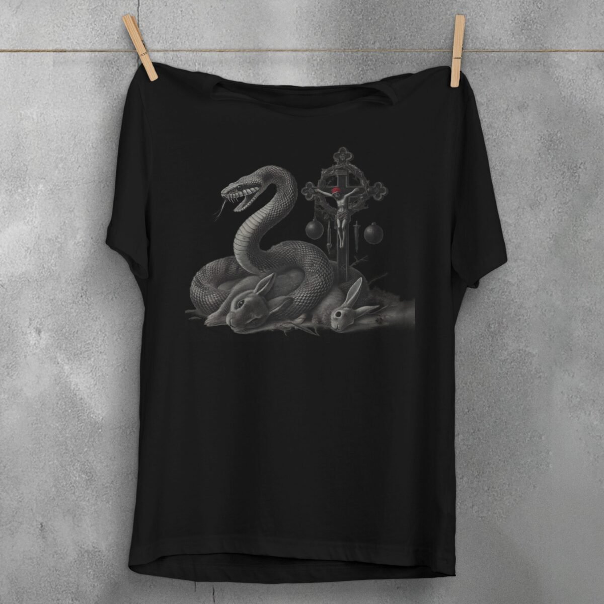 Snake surrounds rabbits near cross gothic witchy christmas t-shirt - 1