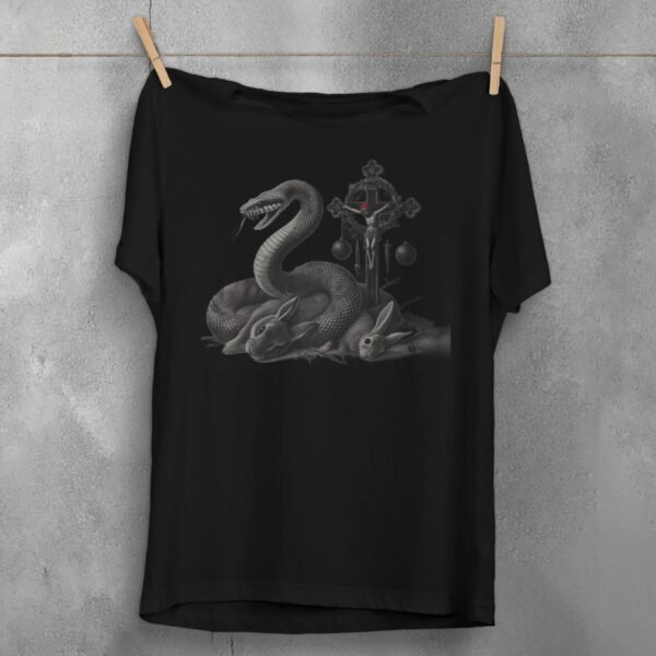 Snake surrounds rabbits near cross gothic witchy christmas t-shirt - 1