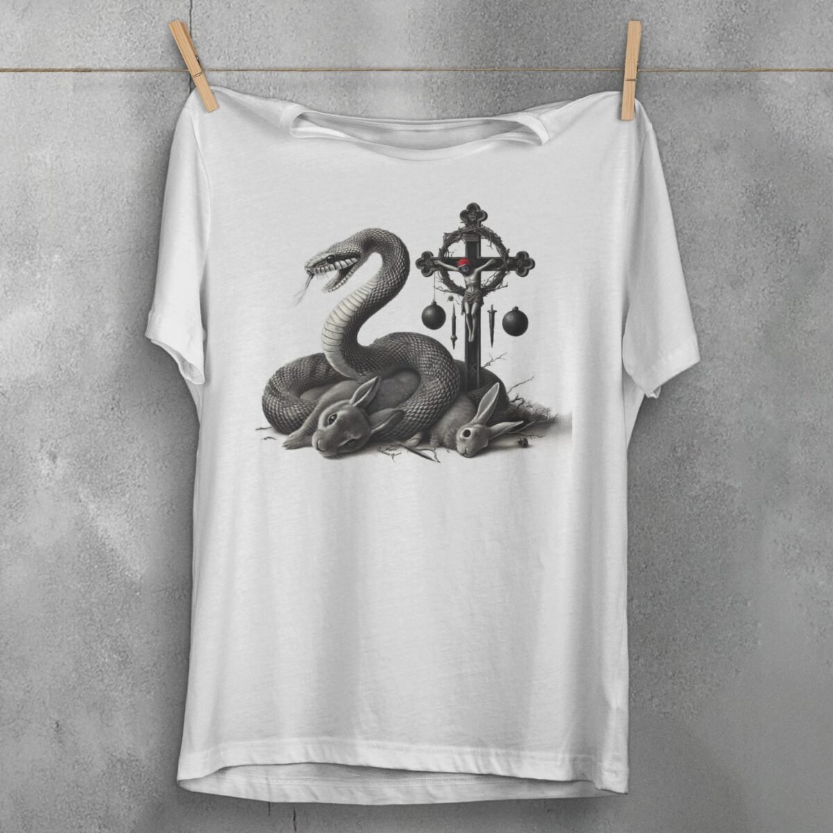 Snake surrounds rabbits near cross gothic witchy christmas t-shirt - 3
