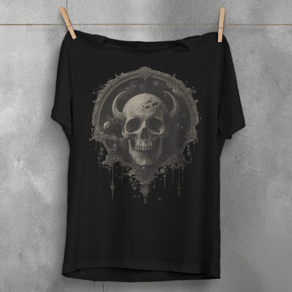 somber viking skull stares deep space gothic art t-shirt design, variation 1