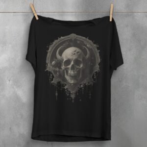 somber viking skull stares deep space gothic art t-shirt design, variation 1