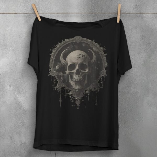 somber viking skull stares deep space gothic art t-shirt design, variation 1