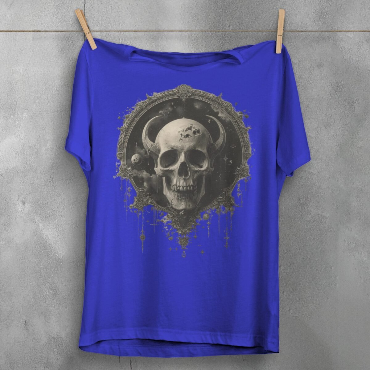 somber viking skull stares deep space gothic art t-shirt design, variation 3