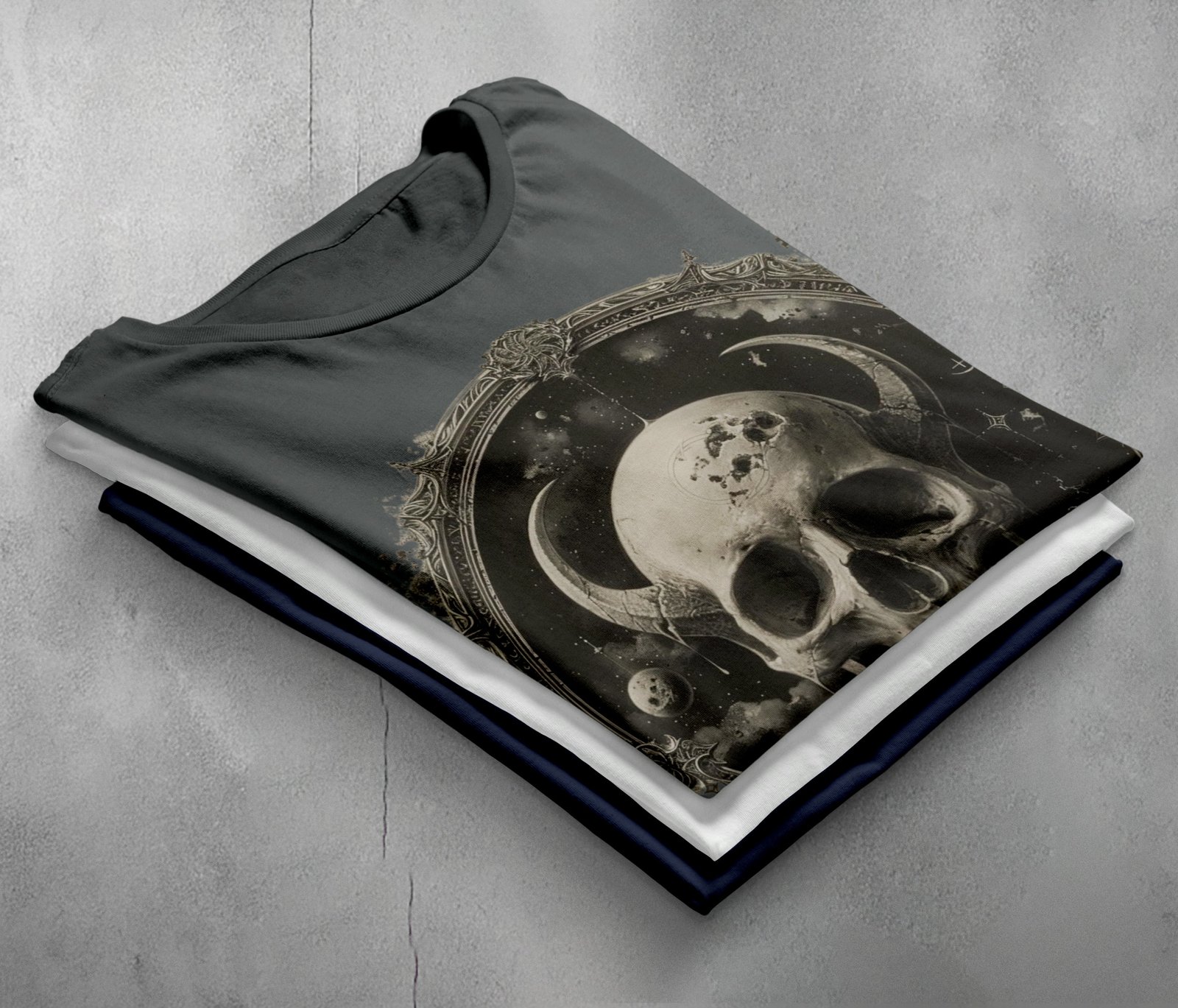 somber viking skull stares deep space gothic art t-shirt design, variation 7