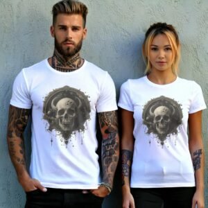 somber viking skull stares deep space gothic art t-shirt design, variation 9