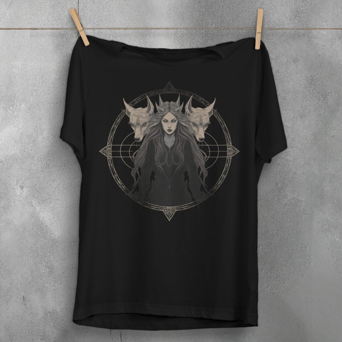 three wolves witch gothic occult art theogham t-shirt design, variation 1