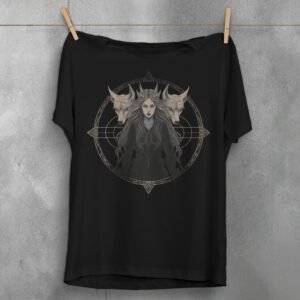 three wolves witch gothic occult art theogham t-shirt design, variation 1