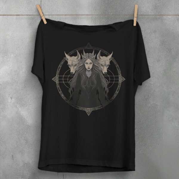 three wolves witch gothic occult art theogham t-shirt design, variation 1