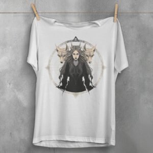 three wolves witch gothic occult art theogham t-shirt design, variation 2