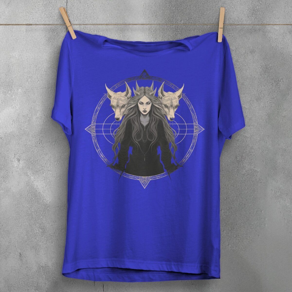 three wolves witch gothic occult art theogham t-shirt design, variation 3