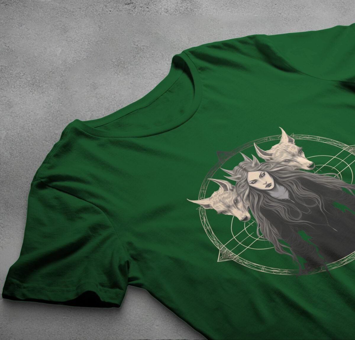 three wolves witch gothic occult art theogham t-shirt design, variation 6