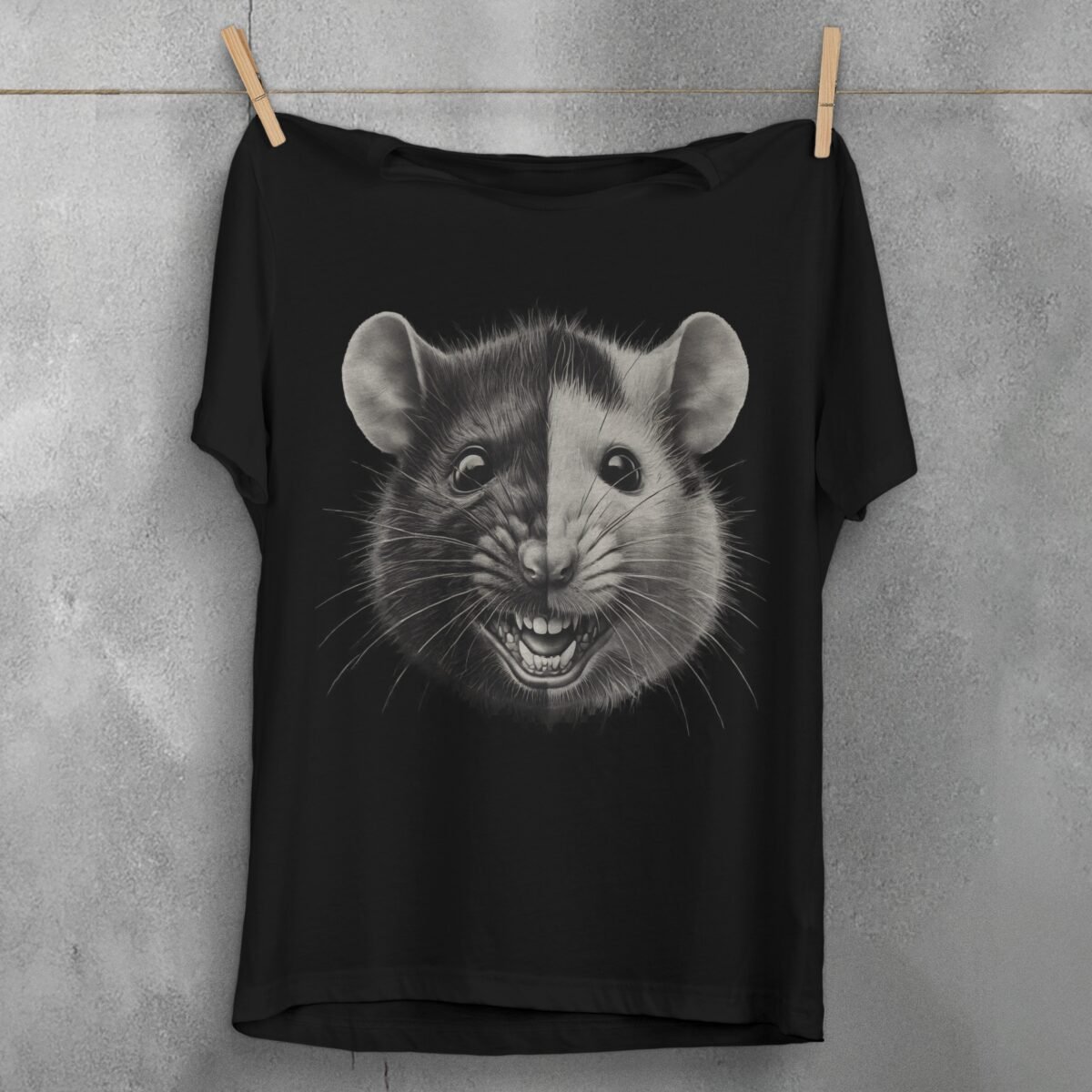 two faces joker rat black white art illustration t-shirt design, variation 1