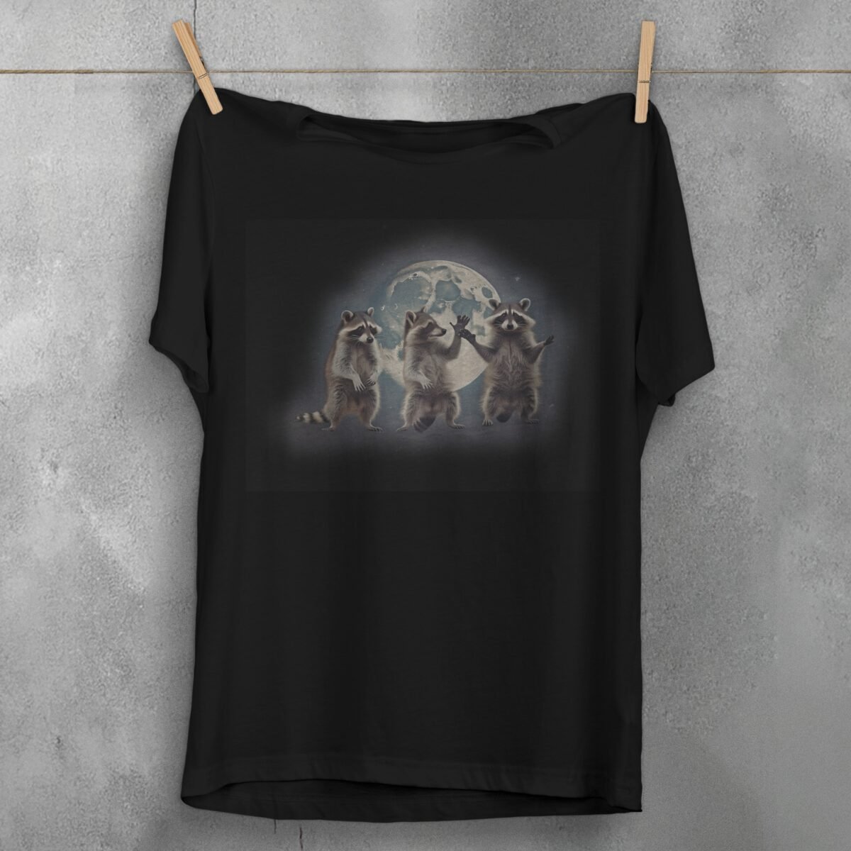 three raccoons gather luminous moon animal t-shirt design, variation 1