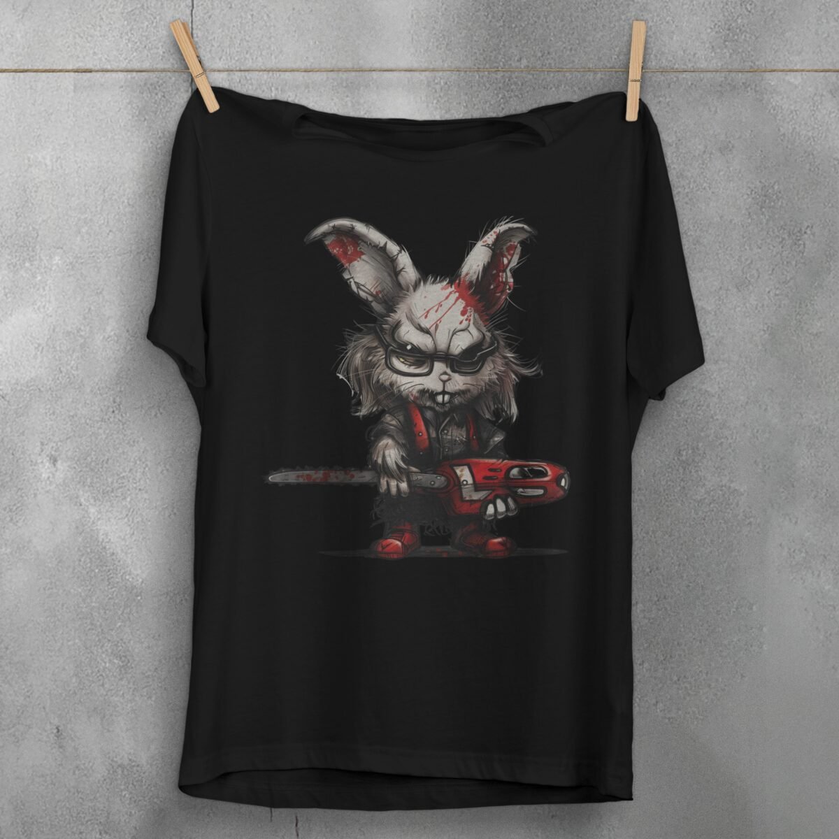 evil white rabbit chainsaw creepy cute gothic animal t-shirt design, variation 1