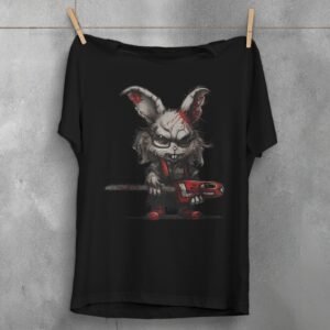evil white rabbit chainsaw creepy cute gothic animal t-shirt design, variation 1