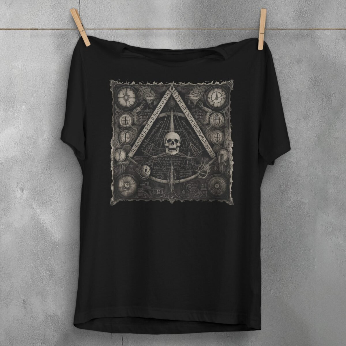 viking skull clocks mysterious knowledge triangle gothic artwork t-shirt design, variation 1