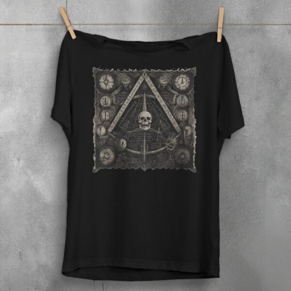 viking skull clocks mysterious knowledge triangle gothic artwork t-shirt design, variation 1