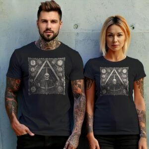 viking skull clocks mysterious knowledge triangle gothic artwork t-shirt design, variation 10
