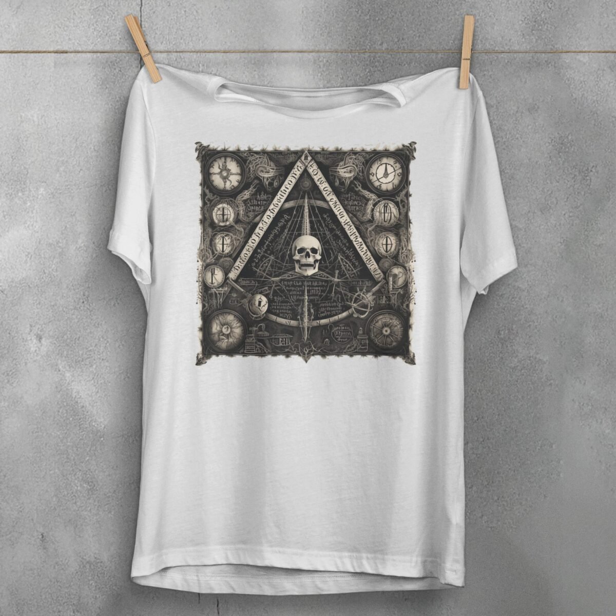 viking skull clocks mysterious knowledge triangle gothic artwork t-shirt design, variation 2