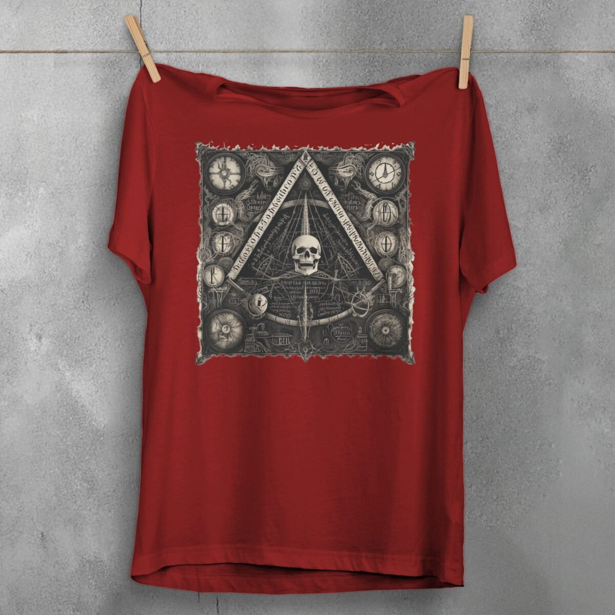 viking skull clocks mysterious knowledge triangle gothic artwork t-shirt design, variation 4