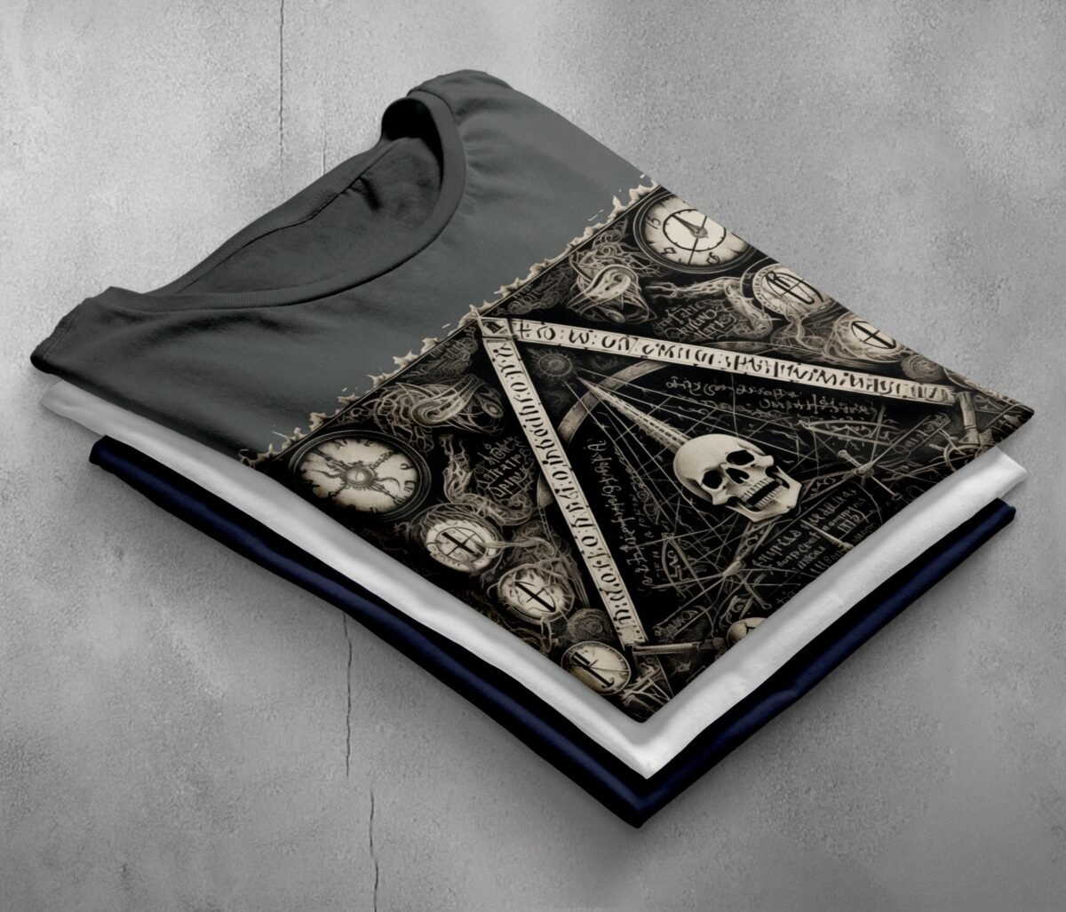 viking skull clocks mysterious knowledge triangle gothic artwork t-shirt design, variation 7