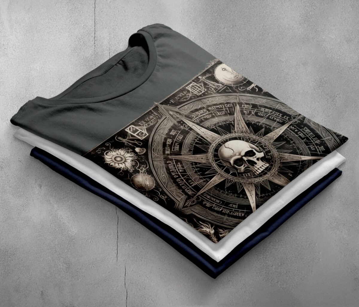 viking skull mystic compass rose darkly inspirational t-shirt design, variation 7