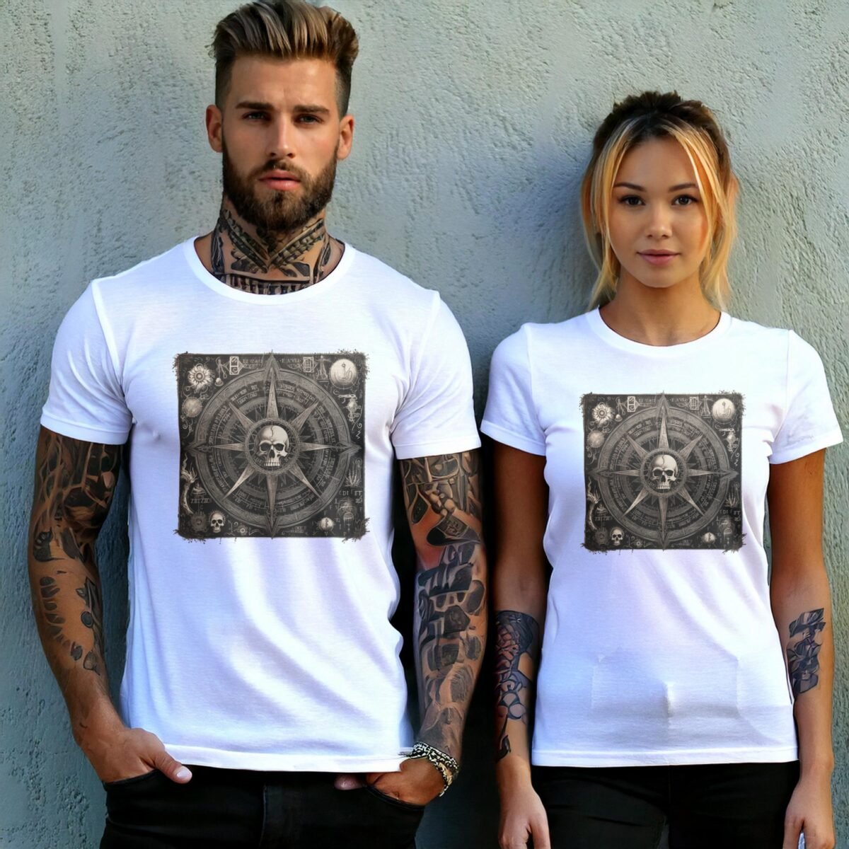 viking skull mystic compass rose darkly inspirational t-shirt design, variation 9