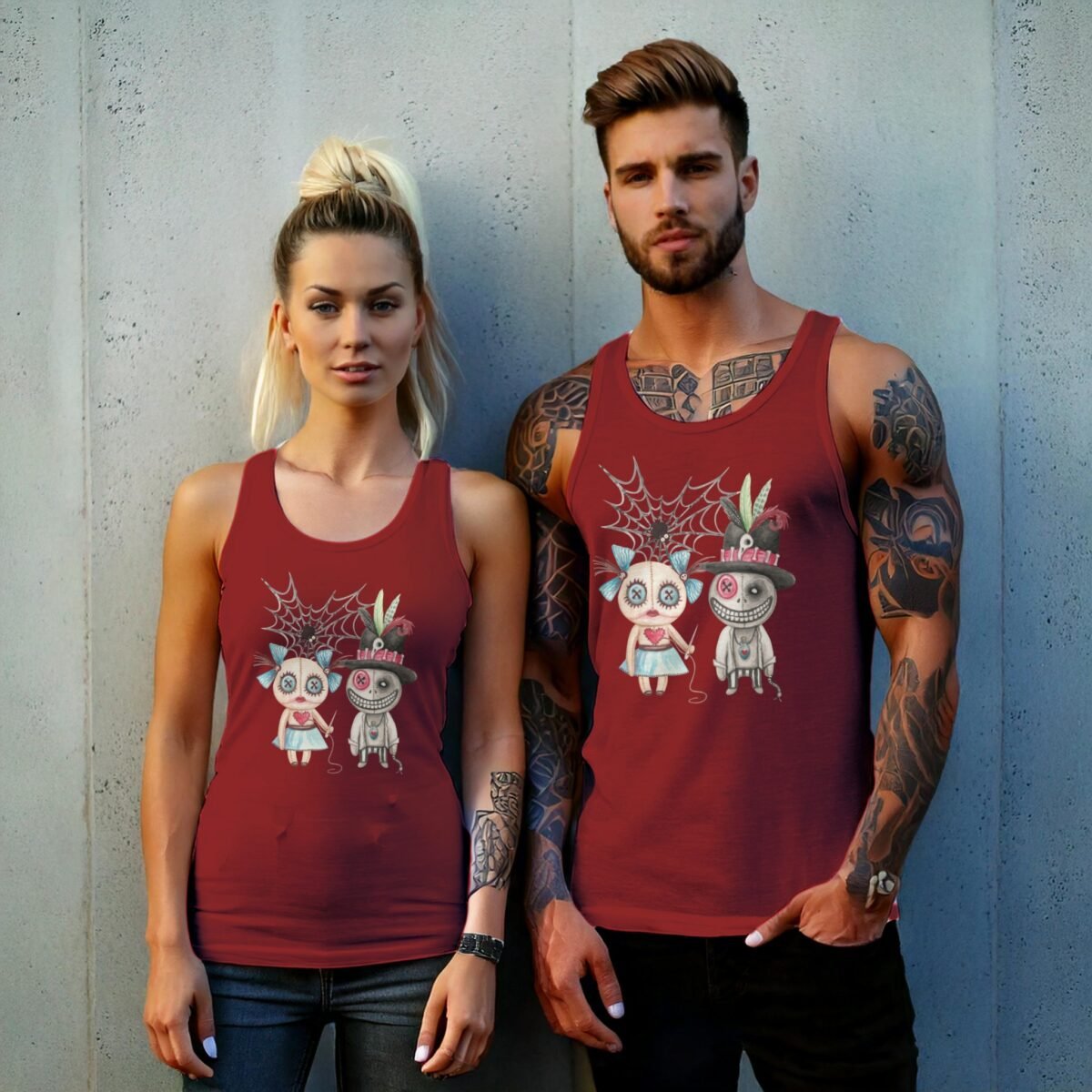 voodoo love whimsical dolls watercolor art design tank top design, variation 8