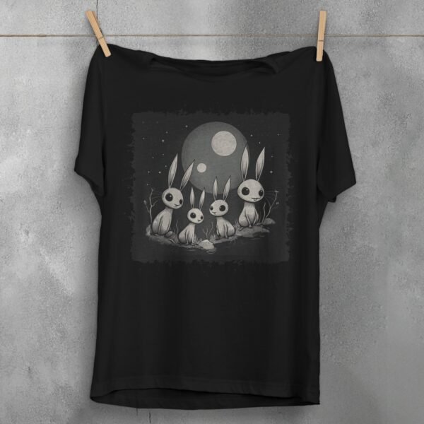 white rabbits watching dark moon animal t-shirt design, variation 1
