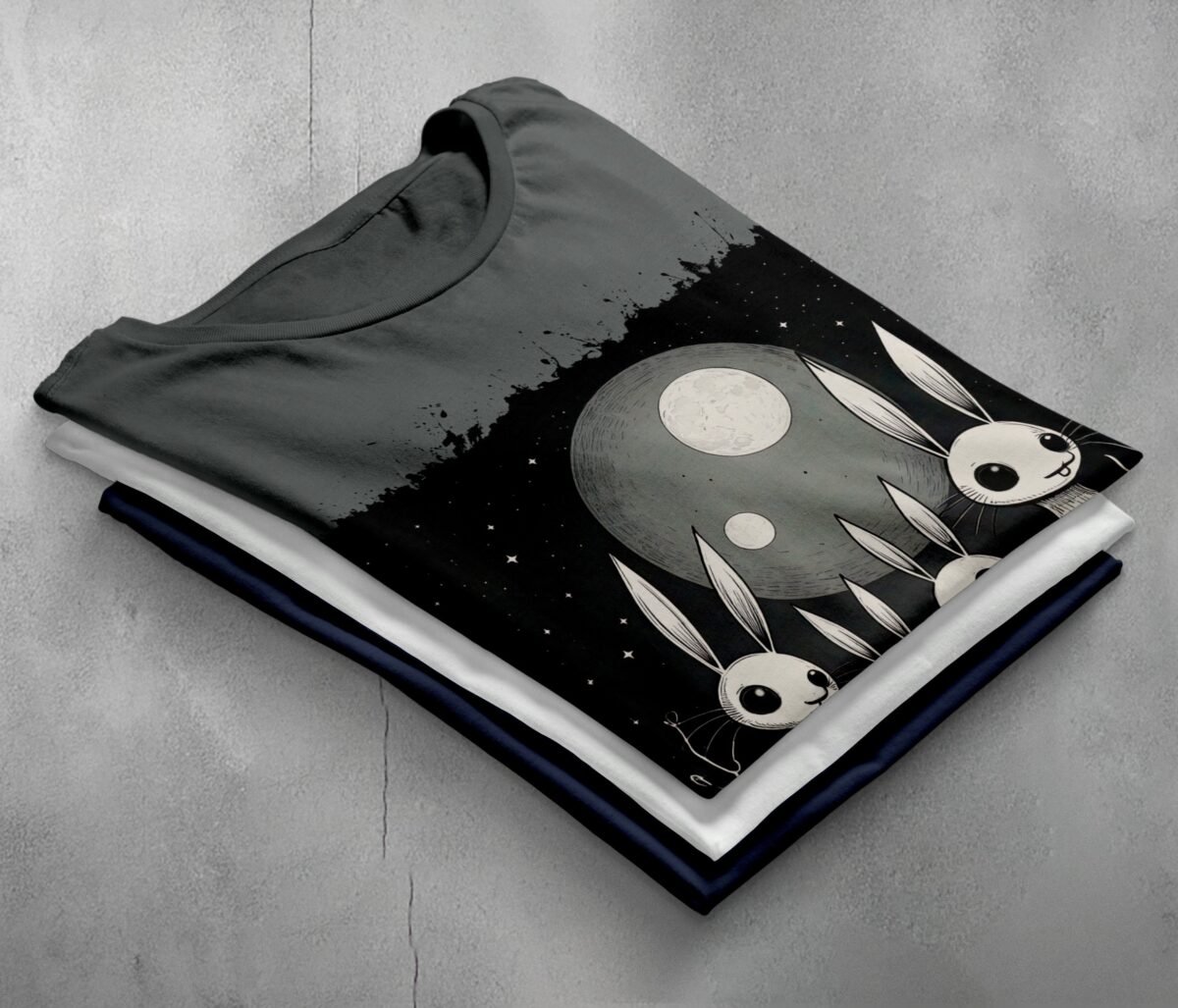 white rabbits watching dark moon animal t-shirt design, variation 7