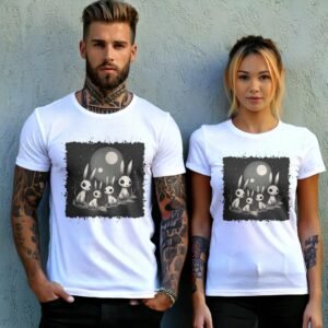 white rabbits watching dark moon animal t-shirt design, variation 9