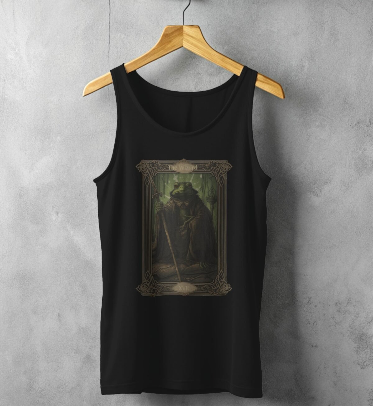 wizard frog tarot card reading witchcore tank top design, variation 1